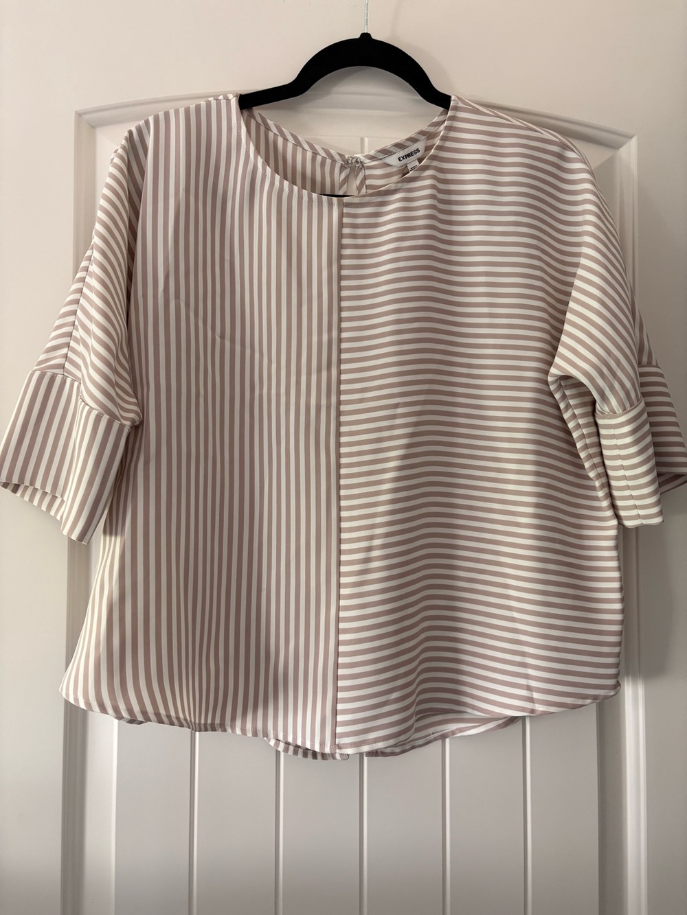 Express Beige and White Striped Short-Sleeve Blouse